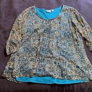 Kim Rogers Teal and Beige Patterned Blouse